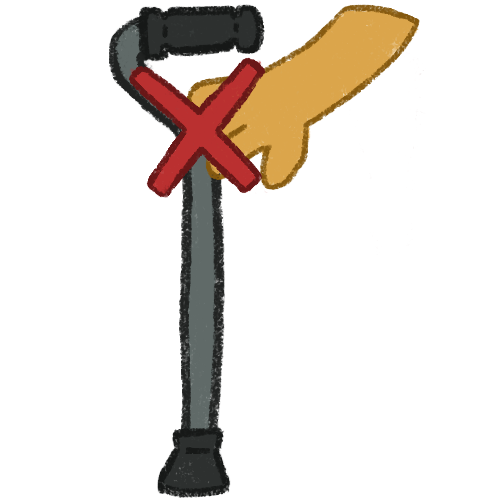 A grey offset handle cane with a yellow hand touching the cane. A red x is over where the hand touches the cane.